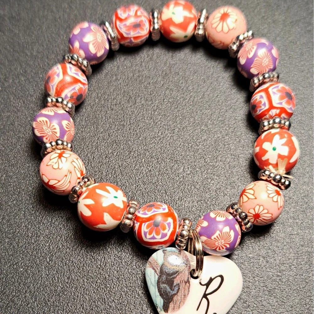 Multicolor FIMO Floral Beaded Stretch Charm Bracelet, Acrylic Heart 